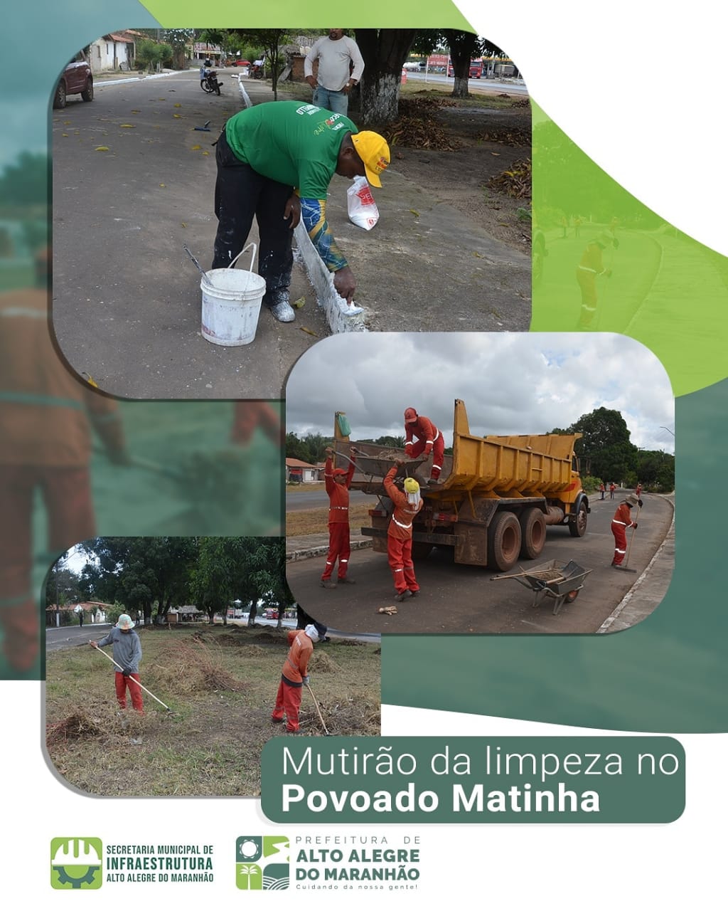 [Limpeza pública] Mutirão da limpeza chega no povoado Matinha. Equipes fazem a variação, limpeza dos meios fios, promovendo um novo visual nas ruas e avenidas.