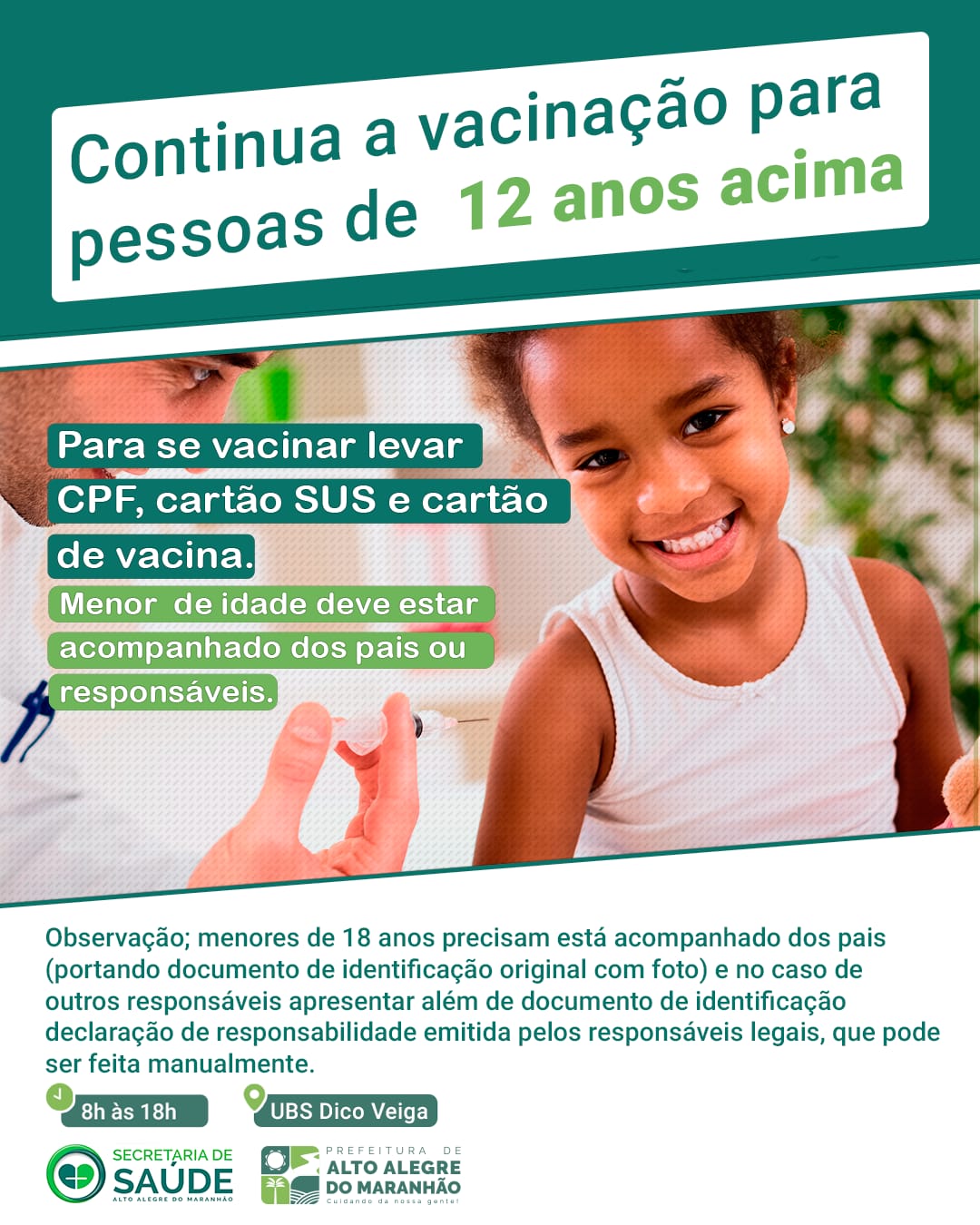 Em Alto Alegre do Maranhão, continua a vacinação contra COVID-19 para pessoas de 12 anos no Posto de Saúde da Dico Veiga.