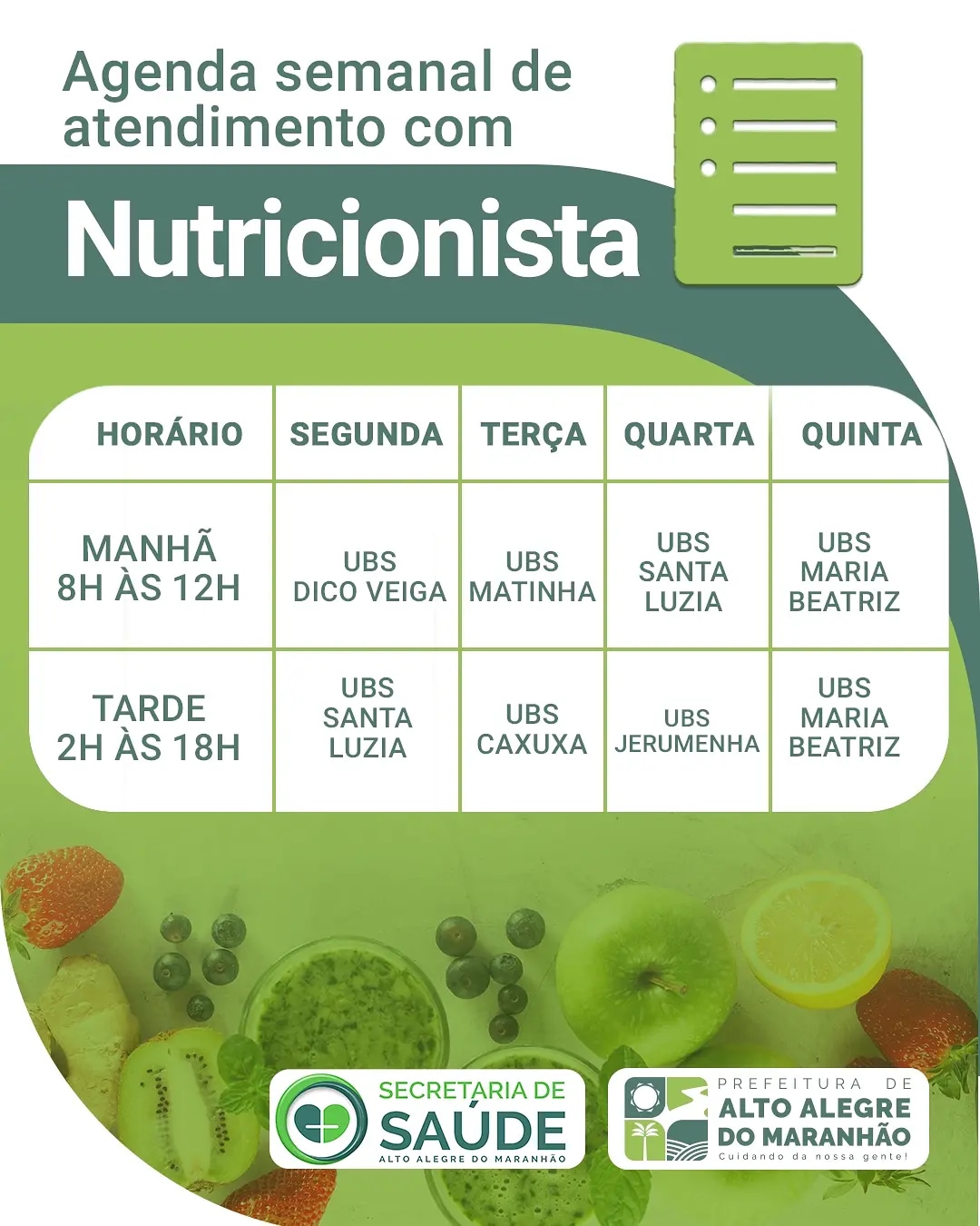 Agenda semanal de atendimento com Nutricionista