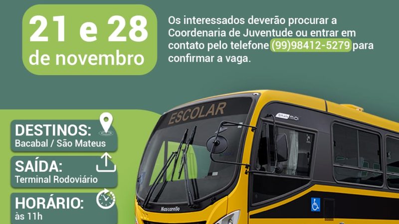 Os jovens que vão fazer as provas do ENEM nas cidades vizinhas (Bacabal e São Mateus) poderão contar com transporte gratuito disponibilizado pela Prefeitura de Alto Alegre do Maranhão.