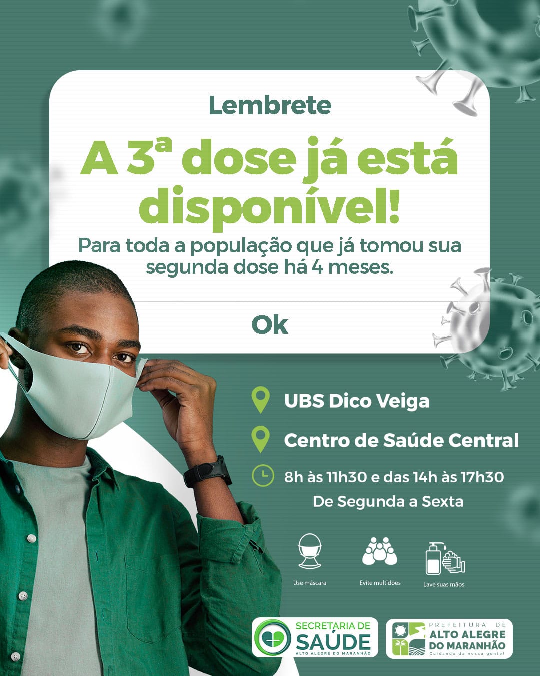 Reforço ! Procure as UBSs de Alto Alegre do Maranhão e tome a terceira dose, esse reforço da bem e protege.